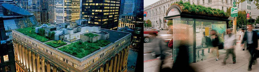 建筑设计的趋势——生态屋顶<br>德国Bonn艺术展览馆屋顶上的草坪小径与圆锥形天窗。在政府支持下，德国从上世纪六十年代就开始了绿色建筑的研究，现在已经有很多建筑应用了这一设想。